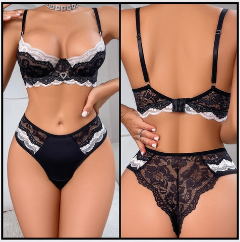 Women Sexy B&W Lace Lingerie Set