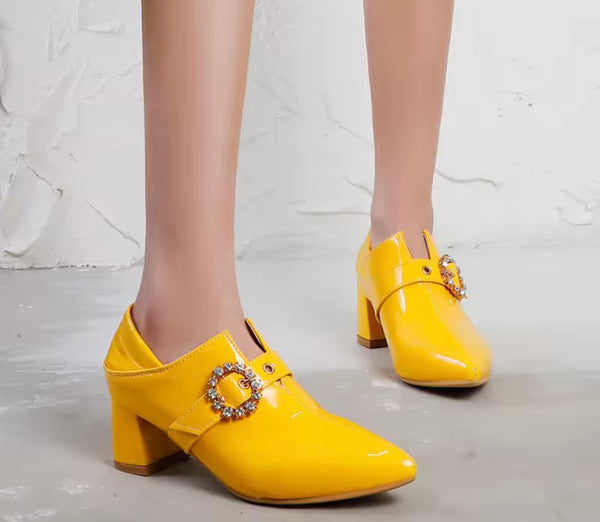 Women Color Fashion Pointed Toe Patent Leather Bling Buckled Shoes