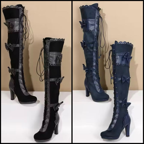 Women Fashion Pu Patchwork Suede Bow Lace Up Knee High Boots