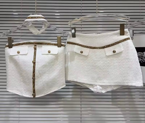 Women Choker Strapless Button Pocket Two Piece Tweed Skirt Set