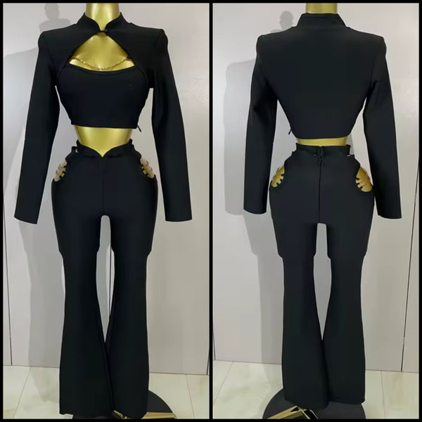 Women Black Chain Cut Out Full Sleeve Crop Two Piece Pant Set