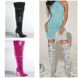 Women Fashion Sequins Ruched Over The Knee Boots