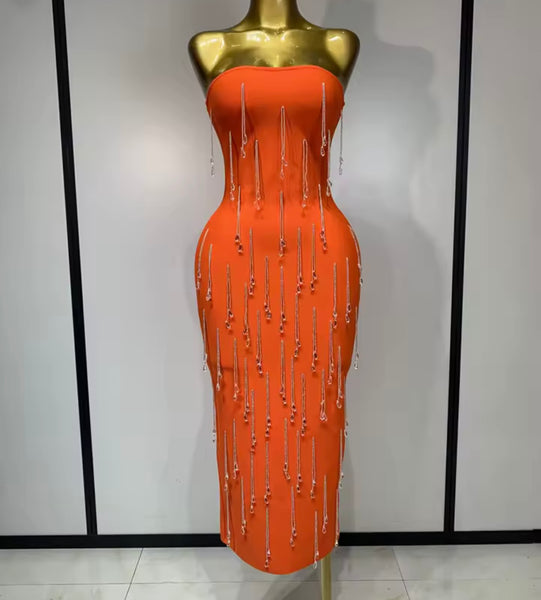 Women Sexy Orange Strapless Tassel Crystal Maxi Dress