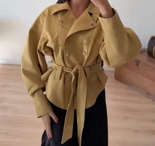 Women Fashion Khaki Belted Blazer Jacket