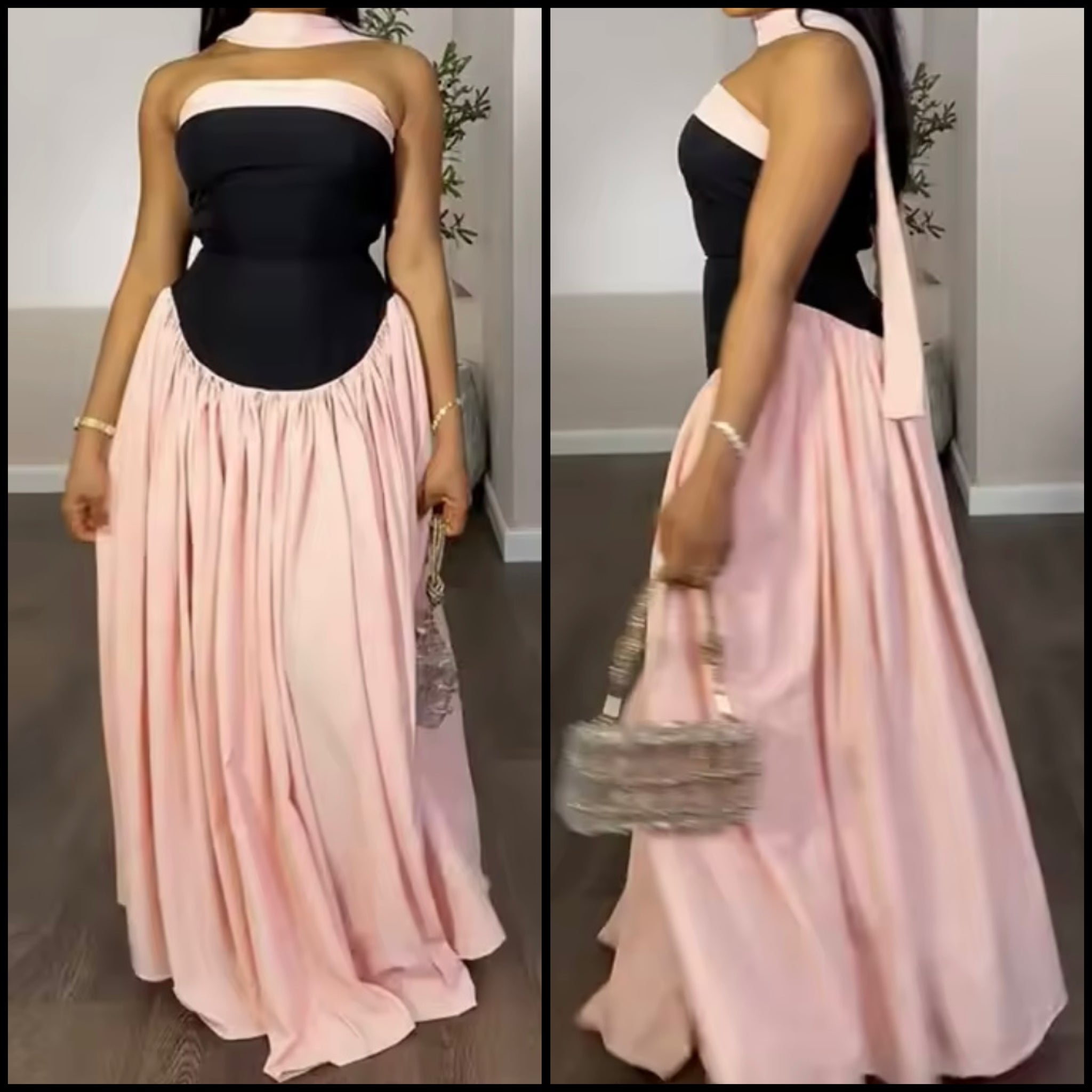 Women Sexy Strapless Color Patchwork Pleated Maxi Dress