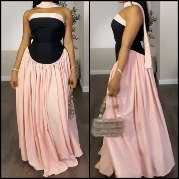 Women Sexy Strapless Color Patchwork Pleated Maxi Dress