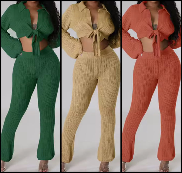 Women Knitted Tie Up Full Sleeve Crop Two Piece Fashion Pant Set