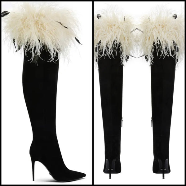 Women Fashion Faux Fur Patchwork Knee High Boots