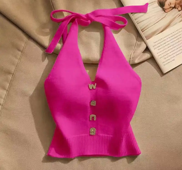 Women Fashion Sleeveless Halter Bling Letter Print Crop Top
