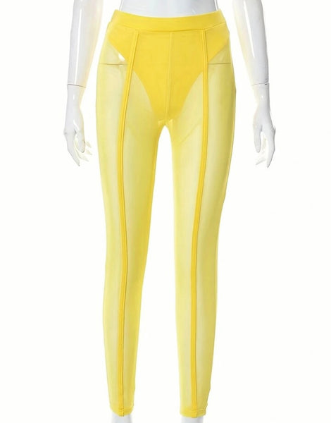 Women Sexy Fashion Yellow Mesh Pants