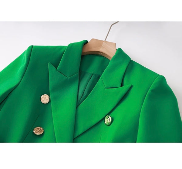 Women Green Letter Belted Blazer Two Piece Skirt Set