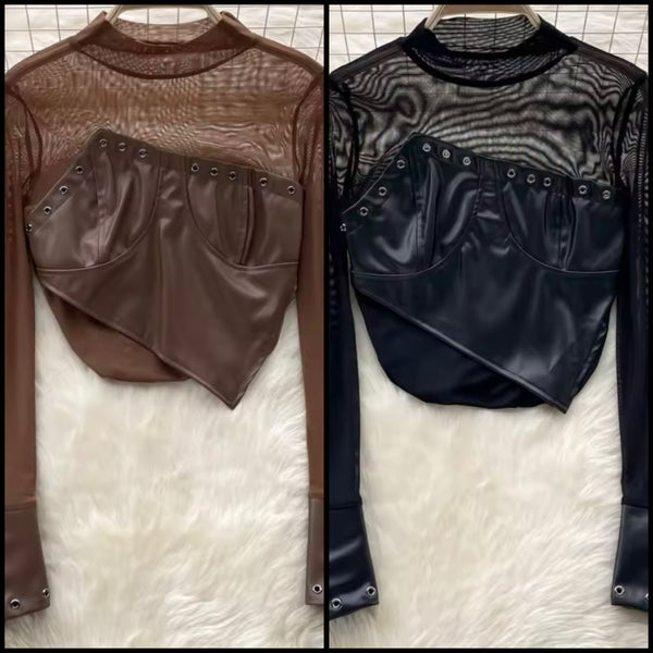 Women Faux Leather Patchwork Mesh Full Sleeve Fashion Top