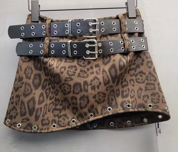 Women Fashion Rivet Double Belt Suede Skirt