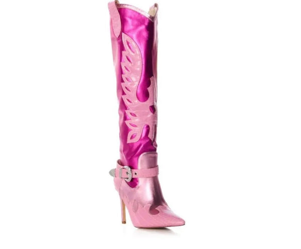 Women Fashion Pink Buckled Knee High Western Boots