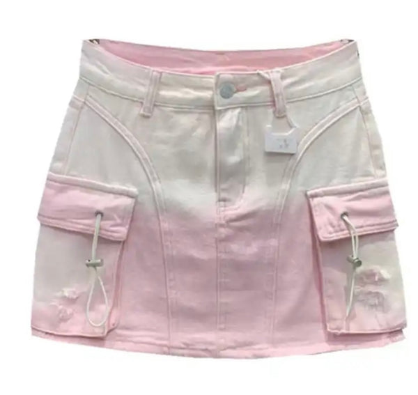 Women Fashion Color Patchwork Cargo Denim Skirt