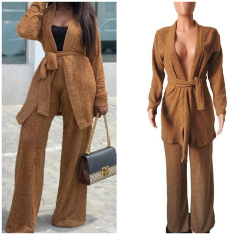 Women Sexy Fashion Full Sleeve Two Piece Belted Pant Set