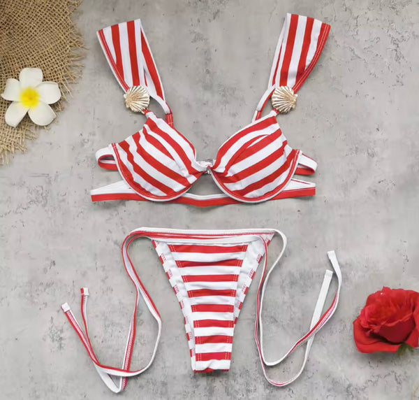 Women Sexy Red/White Striped Bikini Swimsuit