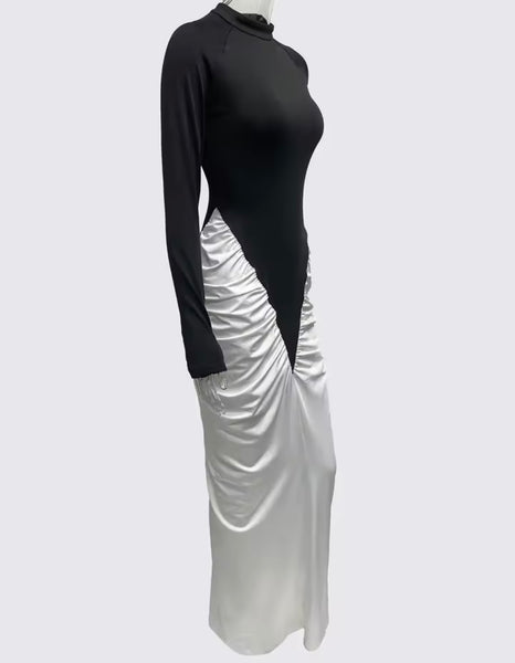 Women B&W Patchwork Ruched Full Sleeve Sexy Maxi Dress