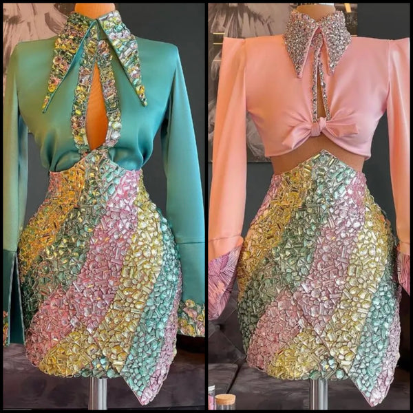 Women Sexy Rhinestone Crystal Full Sleeve Multicolored Two Piece Skirt Set