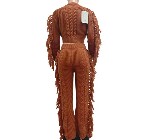 Women Fringe Fashion Full Sleeve Sweater Two Piece Pant Set