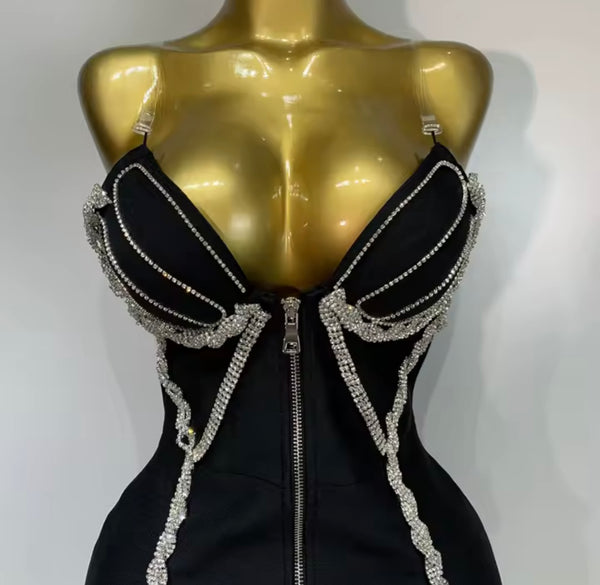 Women Sexy Black Sleeveless Rhinestone Front Zipper Dress