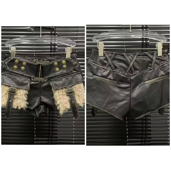 Women Fashion Black Fur Pocket Faux Leather Shorts