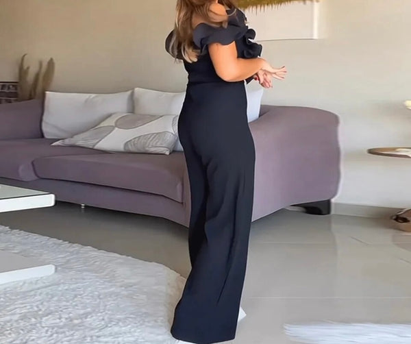 Women Sexy Black Off The Shoulder Ruffled Short Sleeve Jumpsuit