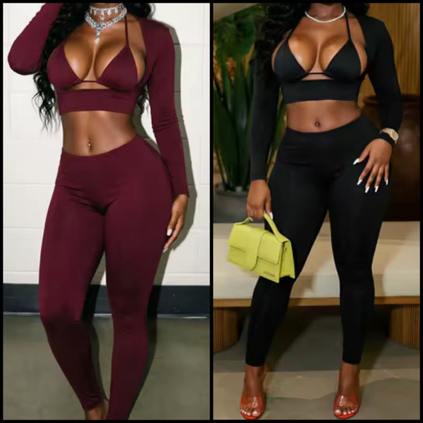 Women Sexy Cut Out Full Sleeve Crop Two Piece Pant Set