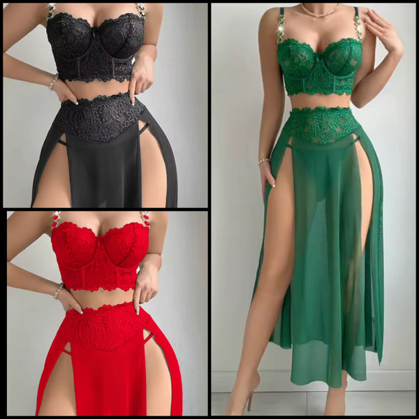 Women Sexy Bling Heart Lace Sleeveless Mesh Lingerie Set
