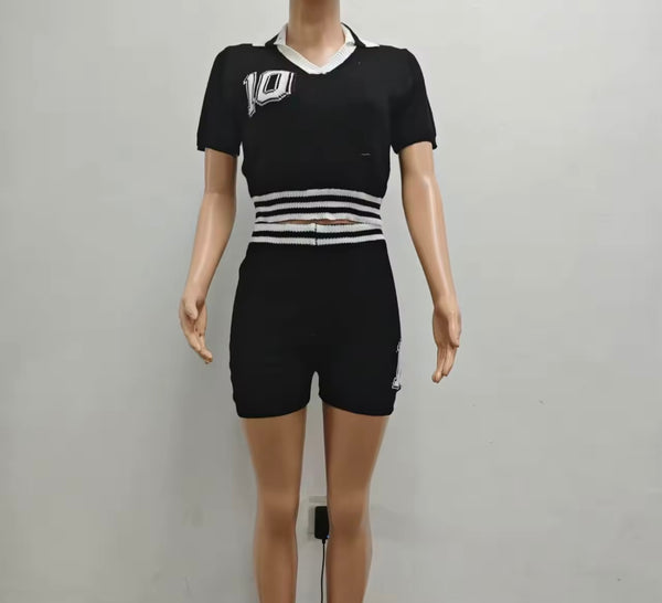 Women Fashion Number Short Sleeve Color Patchwork Two Piece Short Set