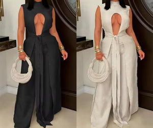 Women Cut Out Sleeveless Sexy Asymmetrical Two Piece Pant Set