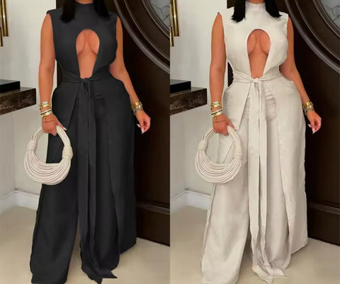 Women Cut Out Sleeveless Sexy Asymmetrical Two Piece Pant Set