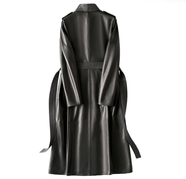 Women Fashion Color Faux Leather Belted Trench Jacket