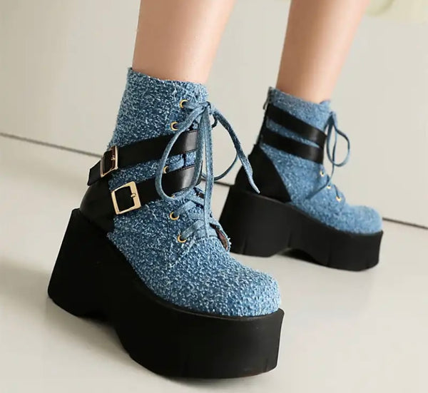 Women Fashion Color Patchwork Buckled Platform Ankle Boots