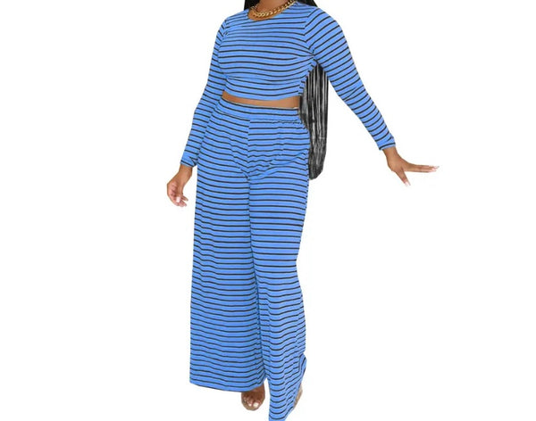 Women Fashion Full Sleeve Striped Two Piece Pant Set