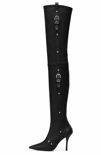 Women Fashion Pointed Toe Over The Knee Buckled High Heel Boots