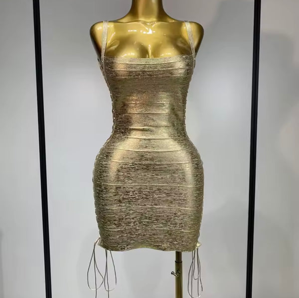 Women Sexy Sleeveless Lace Up Side Metallic Bandage Dress