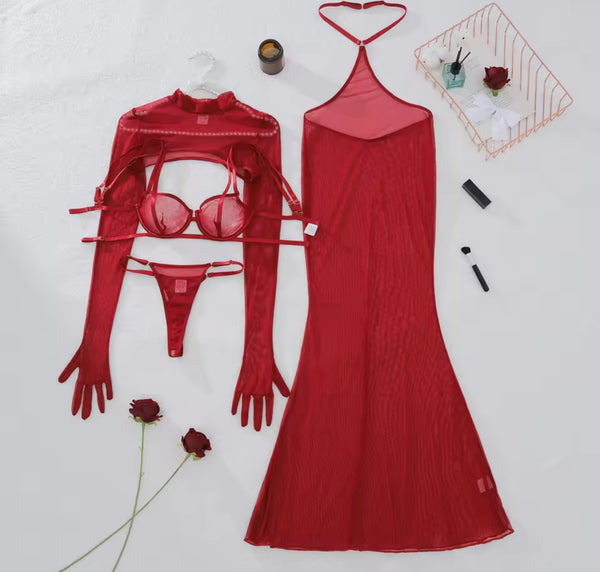 Women Sexy Burgundy Glove Mesh Lingerie Set