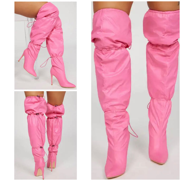 Women Fashion Faux Leather Pink Drawstring Knee High Boots