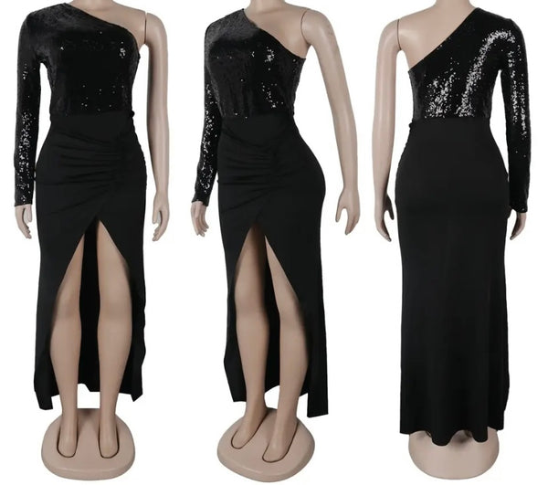 Women Sexy Black One Shoulder Full Sleeve Sequins Patchwork Dress