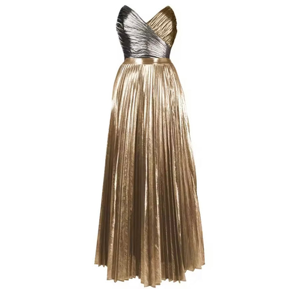 Women Sexy Strapless Metallic Swimsuit Pleated Cover Up Set