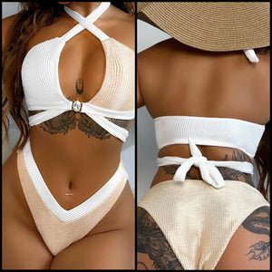 Women Sexy Halter Ribbed Bling Color Patchwork Bikini Swimsuit