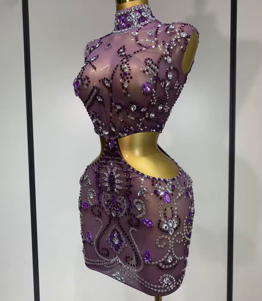 Women Sexy Sleeveless Purple Rhinestone Mesh Dress