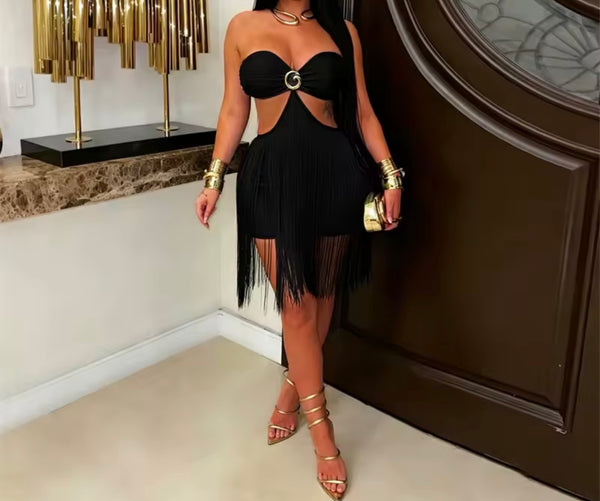 Sexy Strapless Open Back Cut Out Fringe Tassel Dress