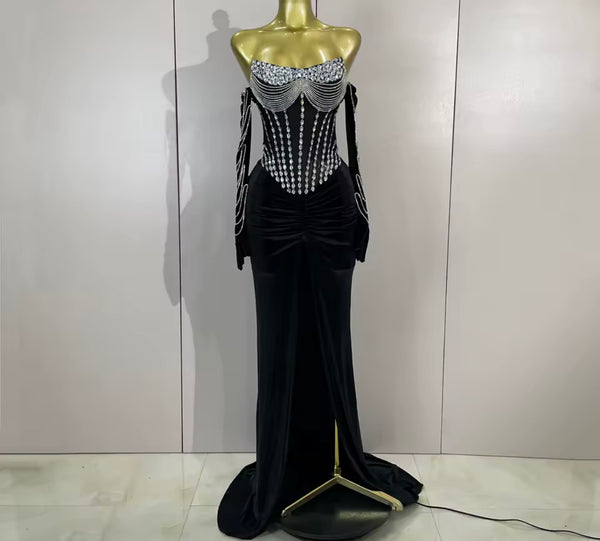 Women Sexy Strapless Glove Rhinestone Velour Maxi Dress