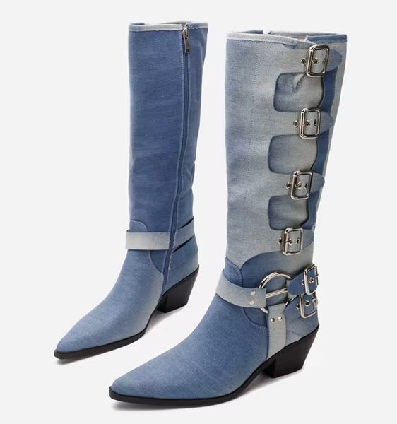 Women Fashion Buckled Denim Knee High Western Boots