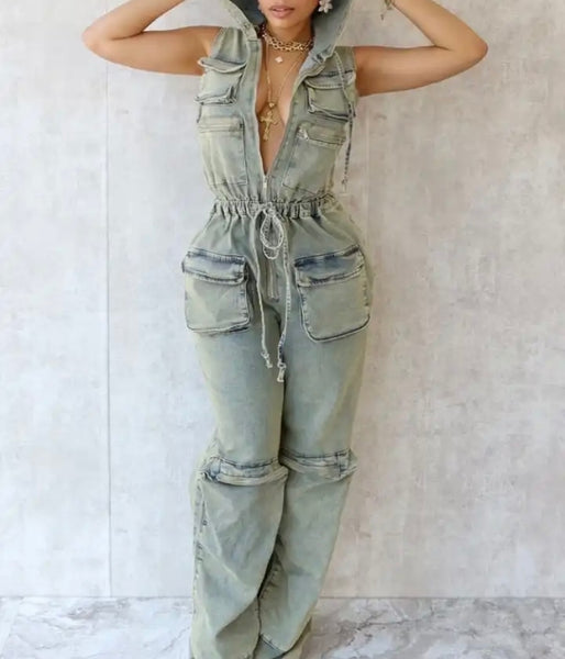 Women Fashion Hooded Sleeveless Drawstring Denim Jumpsuit