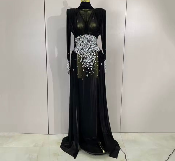 Women Sexy Rhinestone See Through Ruched Mesh Maxi Dress