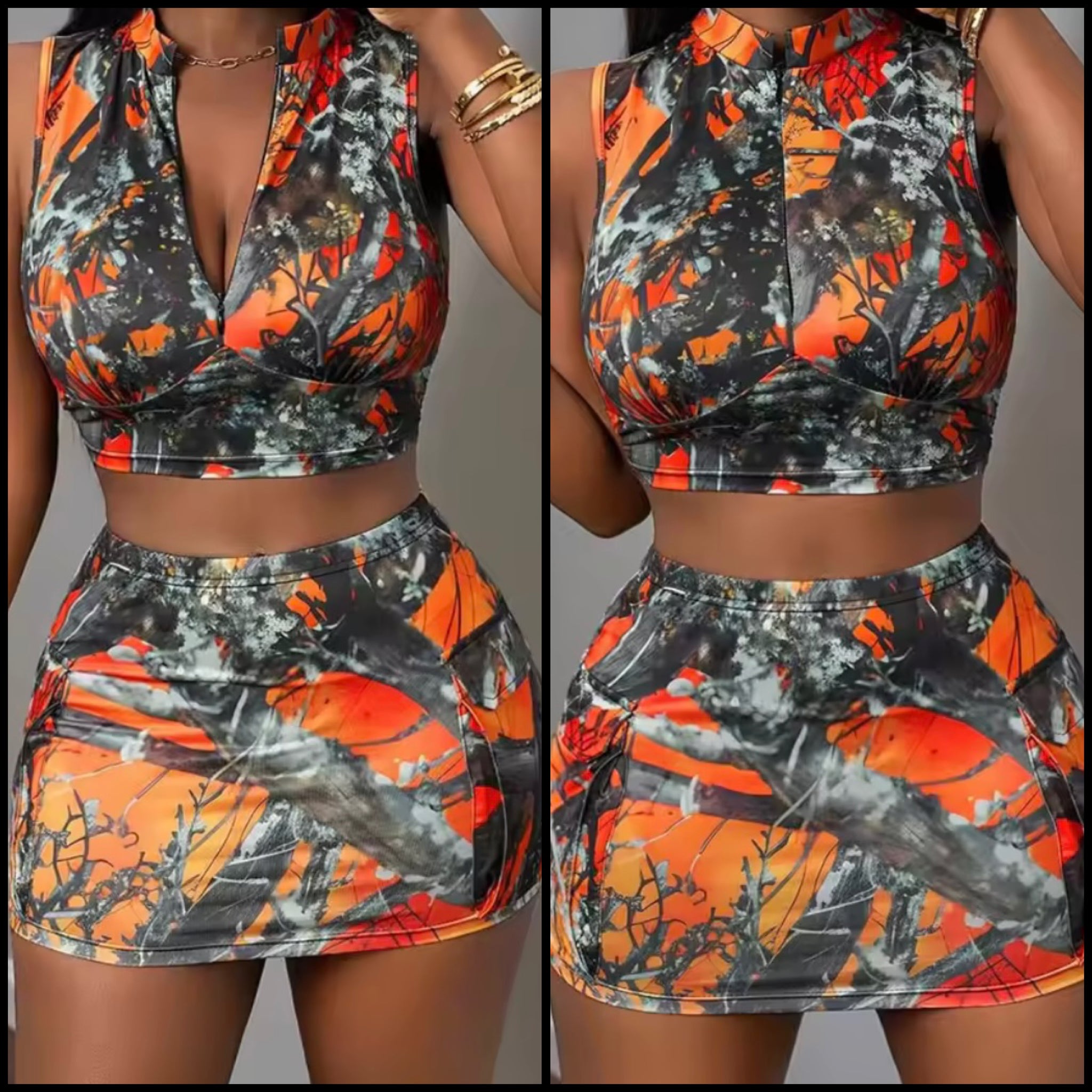 Women Sexy Sleeveless Colorful Two Piece Skirt Set