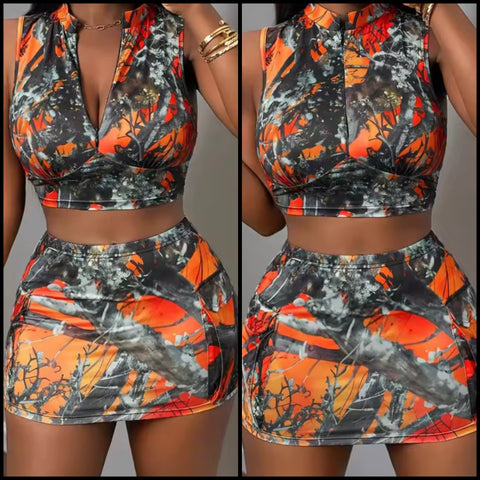 Women Sexy Sleeveless Colorful Two Piece Skirt Set